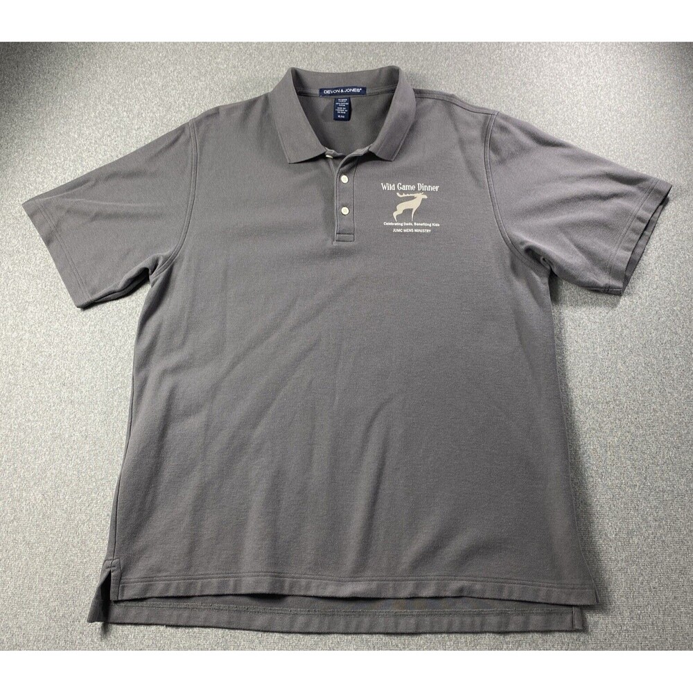 Devon  & Jones Mens Polo Shirt Sz XL  Gray  WILD GAME DINNER Logo 100%  Cotton